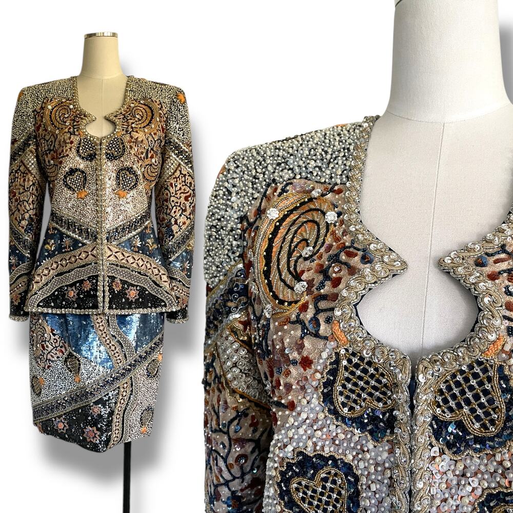 Vtg 1980s Mary McFadden Couture 2Pc Beaded Sequin Skirt Set Peplum Designer | L